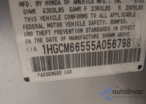 2005 Honda Accord 3.0 Ex z USA, uszkodzony, nr VIN 1HGCM66555A056798